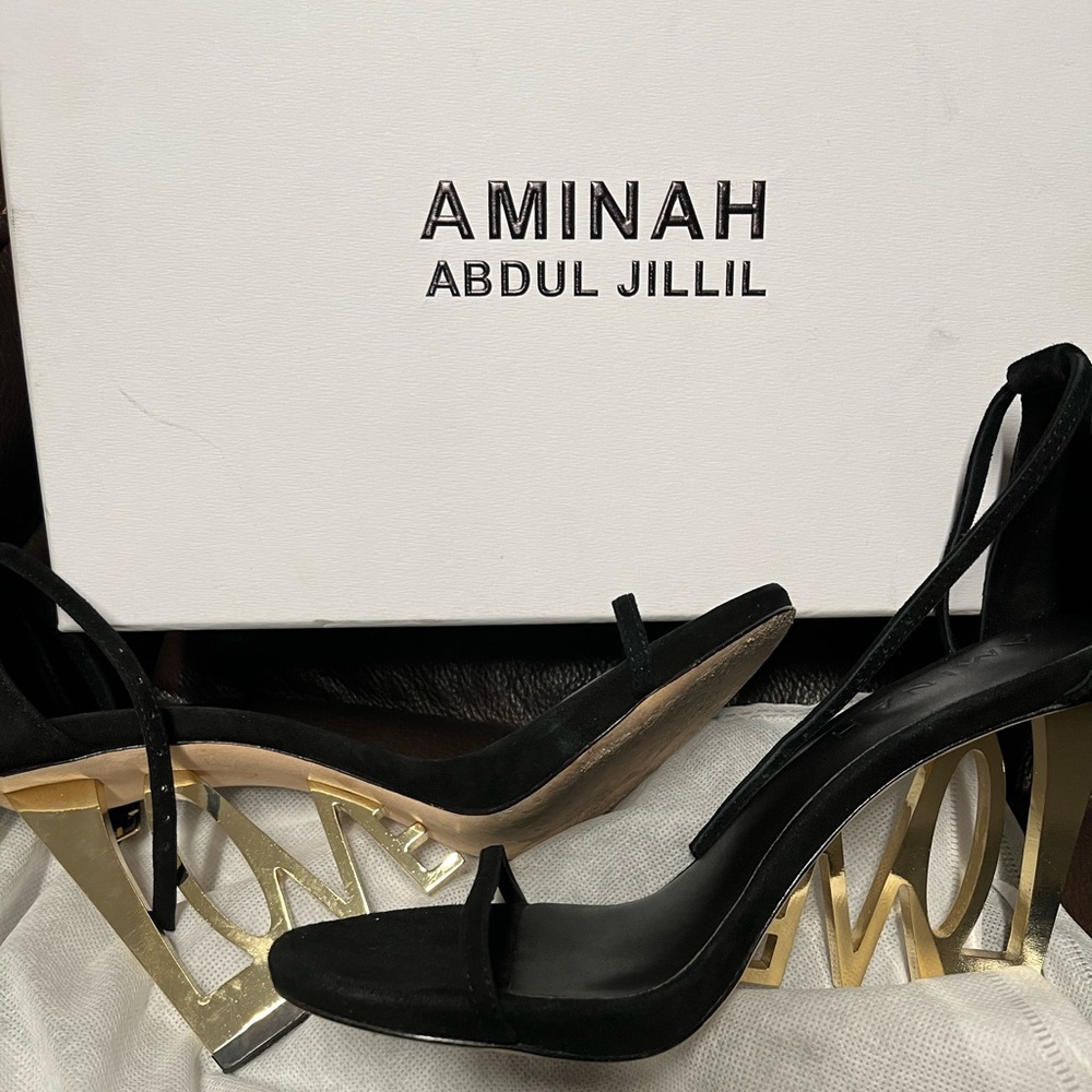 Black suede sandal with Gold LOVE as heel.